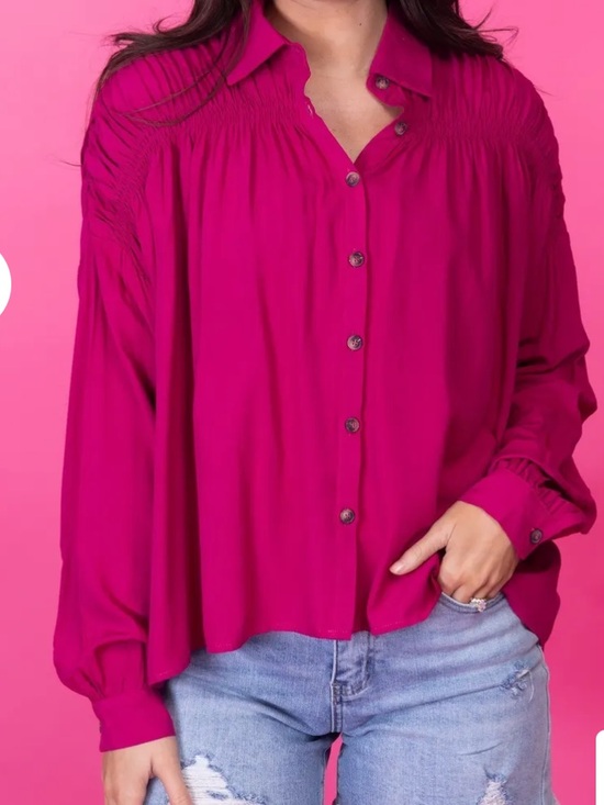 ANDREE BY UNIT Tops - ANDREE BY UNIT Pink Button-Down Shirred Shoulder Long Sleeve Blouse Medium